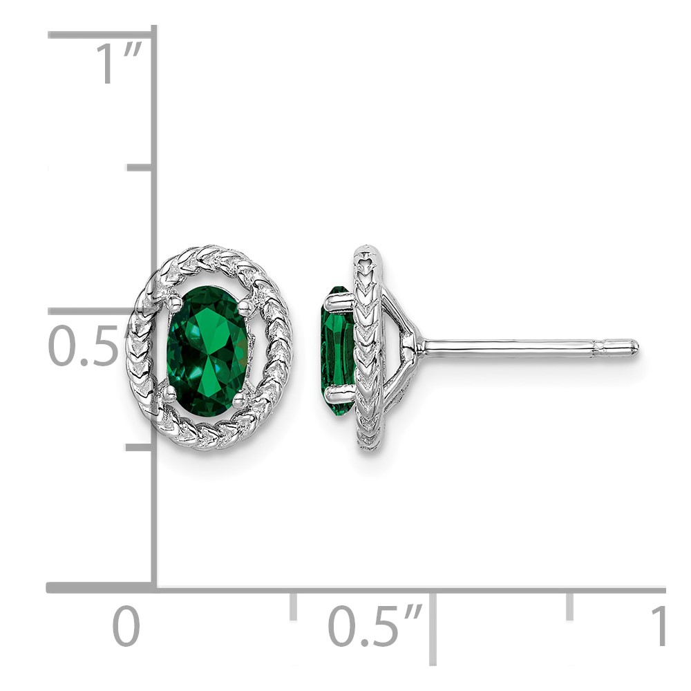 Sterling Silver Rhod-plat Created Emerald Oval Post Earrings (QE14494MAY)