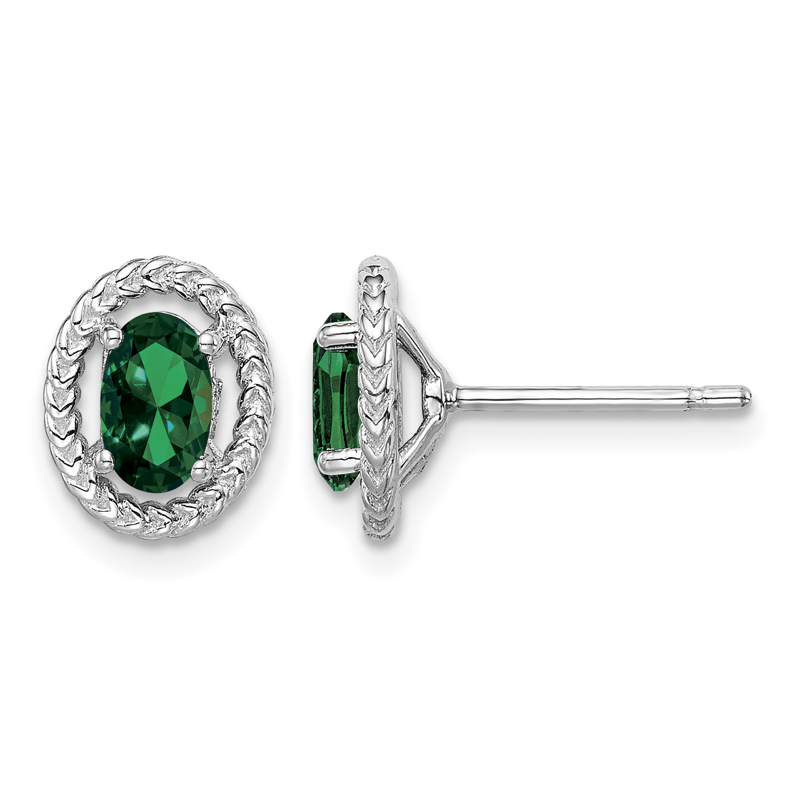 Sterling Silver Rhod-plat Created Emerald Oval Post Earrings (QE14494MAY)