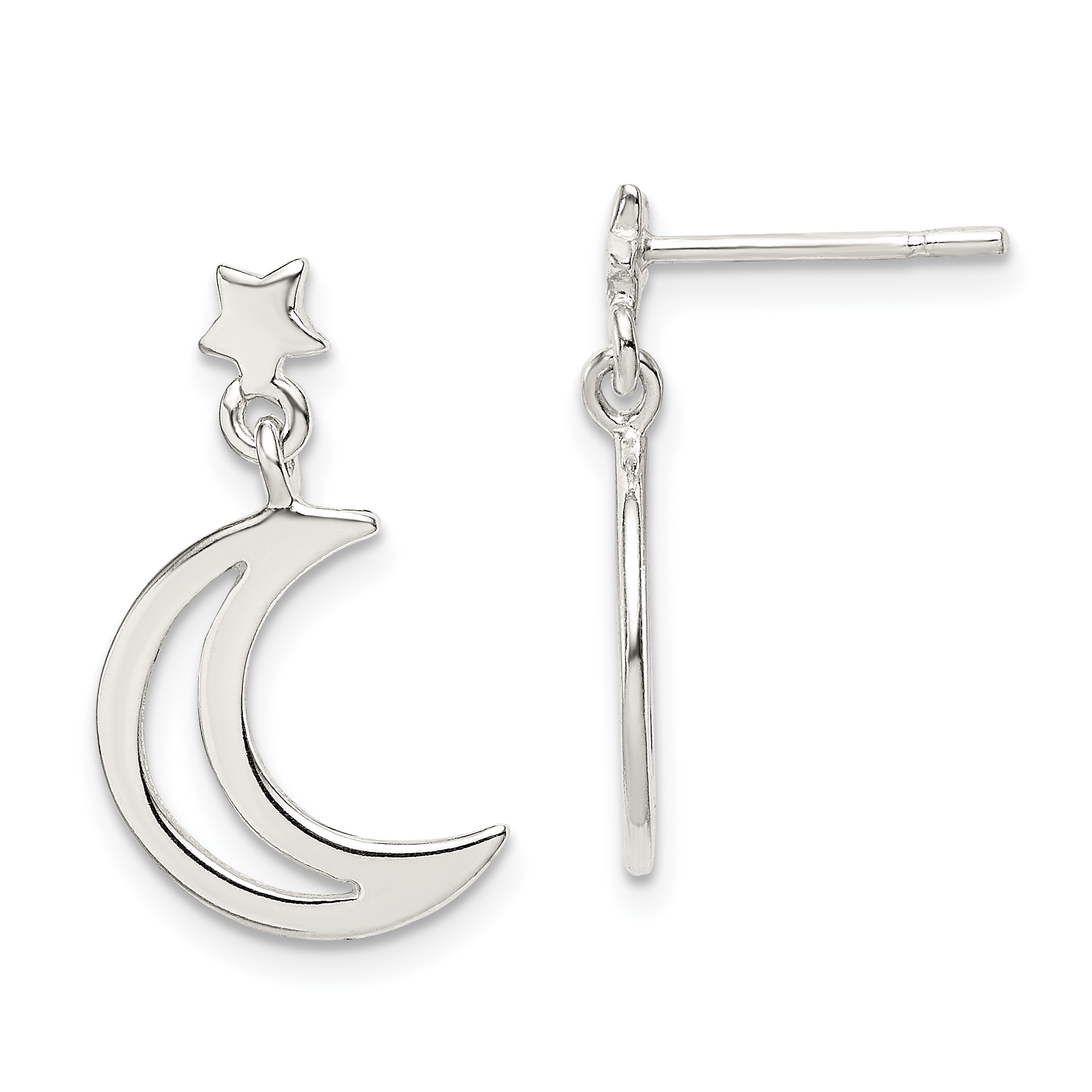Sterling Silver Star and Moon Dangle Earrings (QE14501)