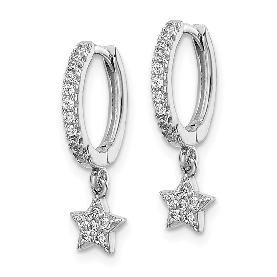 Sterling Silver Rhodium-Plated CZ Hoops with Star Dangle Earrings