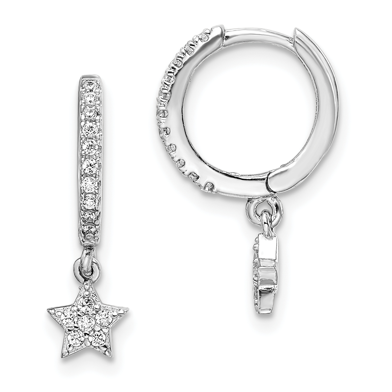 Sterling Silver Rhodium-Plated CZ Hoops with Star Dangle Earrings (QE14520)