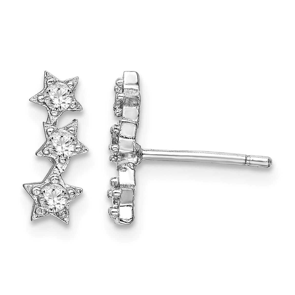 Sterling Silver Rhodium-Plated CZ Triple Star Stud Earrings (QE14522)