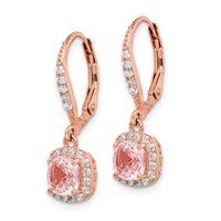 Sterling Silver Rose-tone Pink Crystal & CZ Halo Leverback Dangle Earrings view 2
