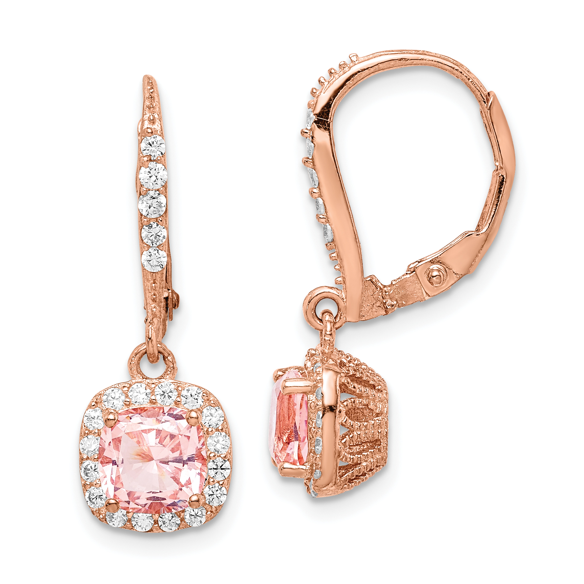 Sterling Silver Rose-tone Pink Crystal & CZ Halo Leverback Dangle Earrings (QE14530)