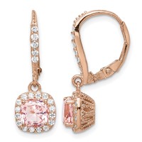 Sterling Silver Rose-tone Pink Crystal & CZ Halo Leverback Dangle Earrings view 1
