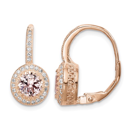 Sterling Silver Rose-tone Polished Pink Crystal CZ Halo Leverback Earrings