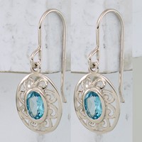 Sterling Silver Rhod-plated Swiss Blue Topaz Filigree Dangle Earrings view 2