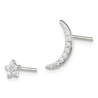 Sterling Silver Polished CZ Moon and Star Post Earrings view 2