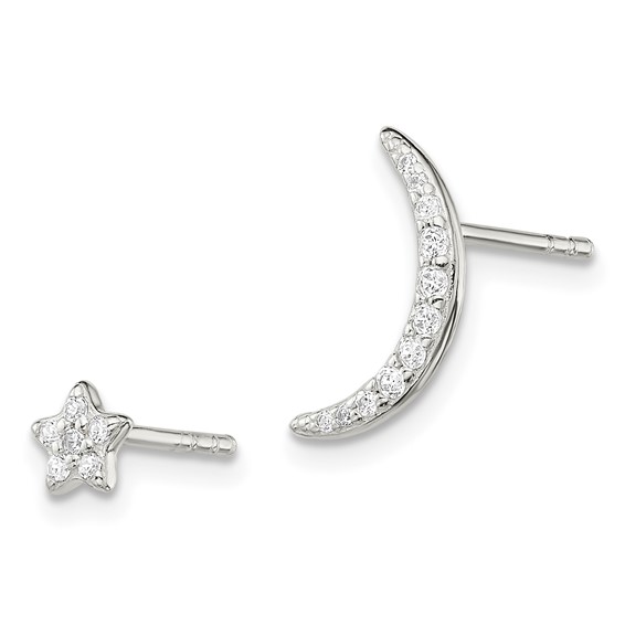 Sterling Silver Polished CZ Moon and Star Post Earrings