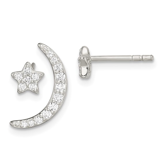 Sterling Silver Polished CZ Moon and Star Post Earrings