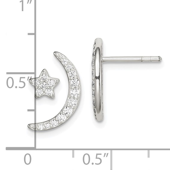 Sterling Silver Polished CZ Moon and Star Post Earrings