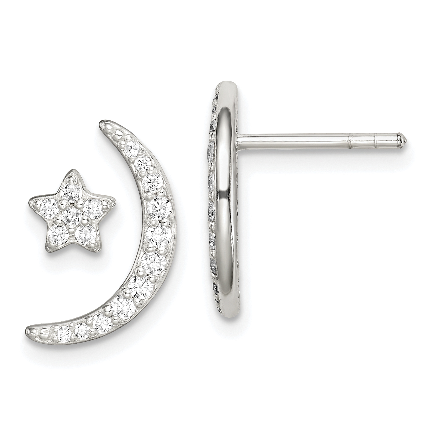 Sterling Silver Polished CZ Moon and Star Post Earrings (QE14614)