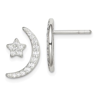 Sterling Silver Polished CZ Moon and Star Post Earrings