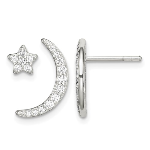 Sterling Silver Polished CZ Moon and Star Post Earrings