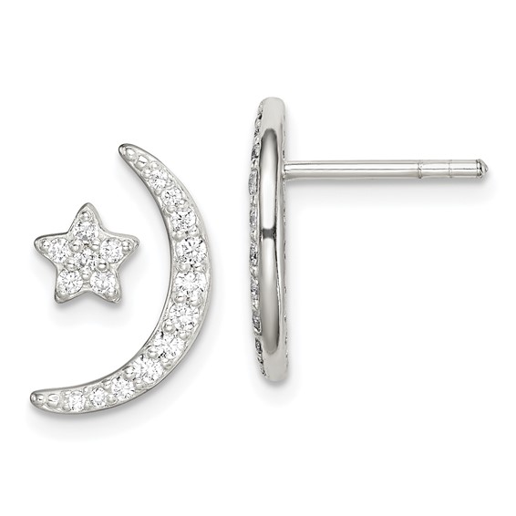 Sterling Silver Polished CZ Moon and Star Post Earrings
