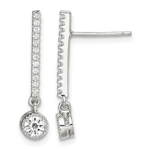 Sterling Silver Rhodium-plated Polished CZ Bar Post Dangle Earrings