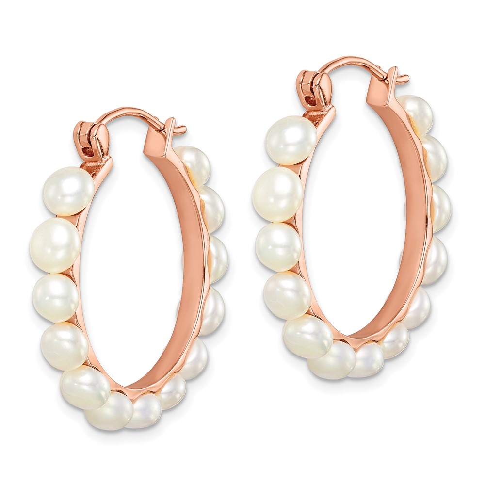 Sterling Silver Rose-tone 18k Flash Gold-plated 4-5mm White Button Freshwater Cultured Pearl Hoop Earrings (QE14648)
