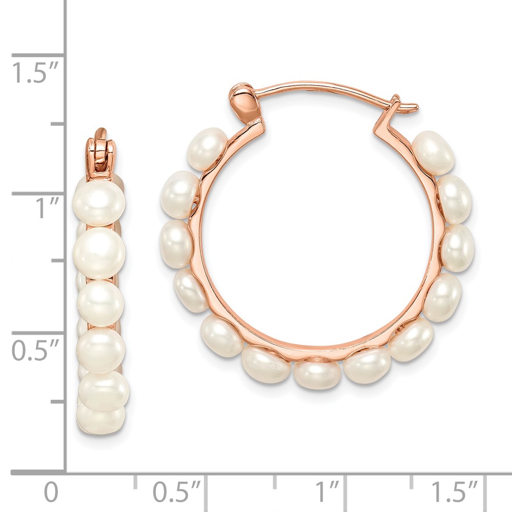 Sterling Silver Rose-tone 18k Flash Gold-plated 4-5mm White Button Freshwater Cultured Pearl Hoop Earrings (QE14648)