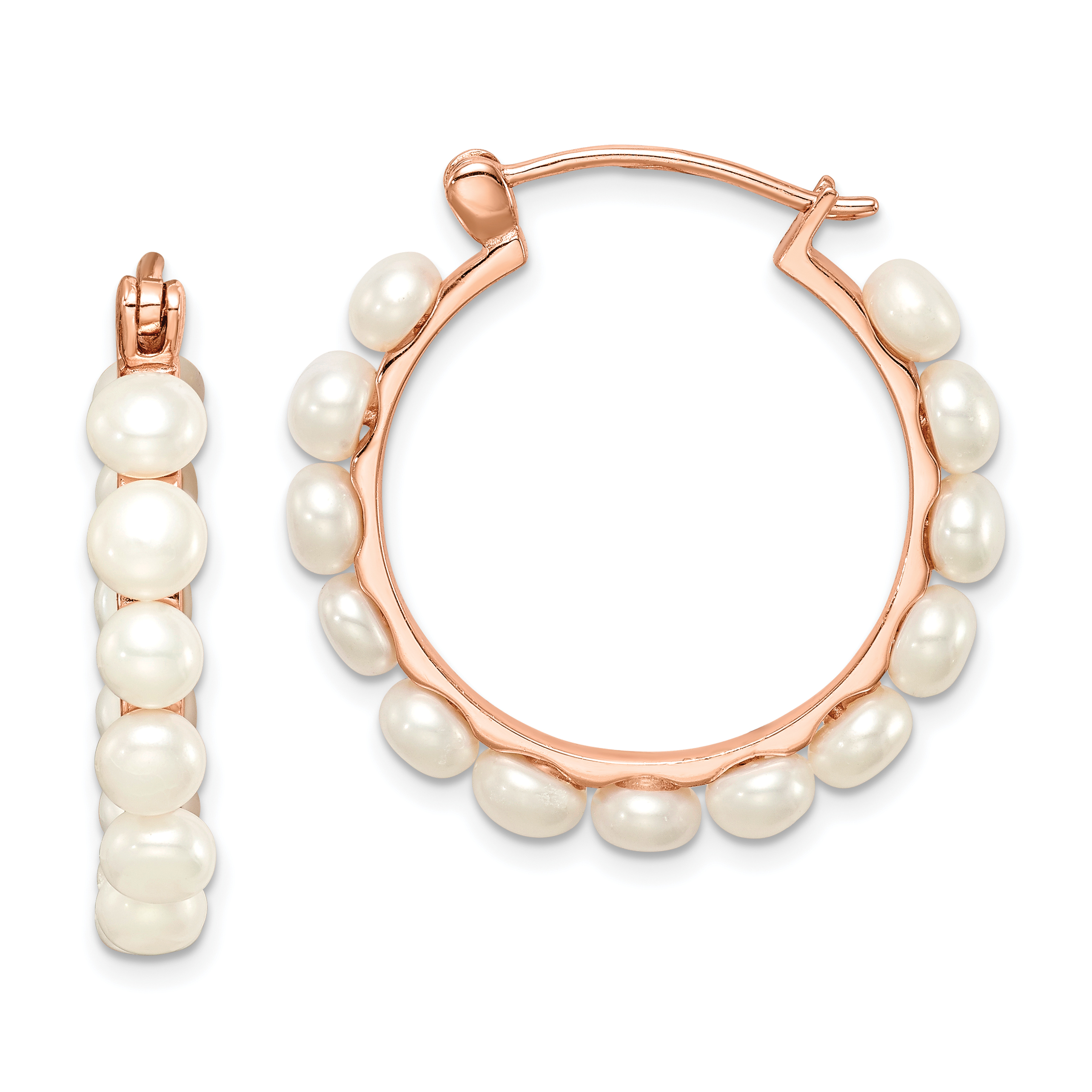 Sterling Silver Rose-tone 18k Flash Gold-plated 4-5mm White Button Freshwater Cultured Pearl Hoop Earrings (QE14648)