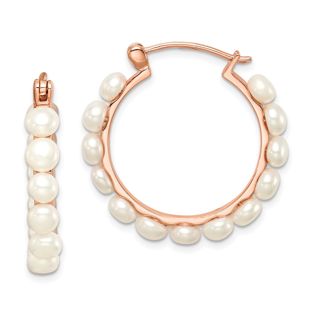 Sterling Silver Rose-tone 18k Flash Gold-plated 4-5mm White Button Freshwater Cultured Pearl Hoop Earrings (QE14648)