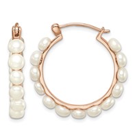 Sterling Silver Rose-tone 18K Flash Gold-plated 4-5mm White Button Freshwater Cultured Pearl Hoop Earrings view 1