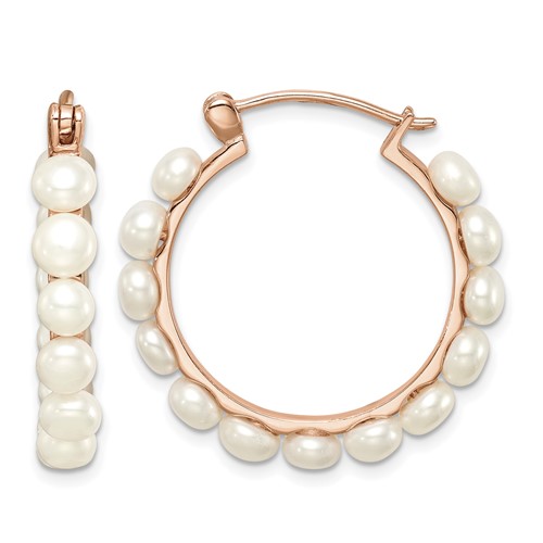 Sterling Silver Rose-tone 18K Flash Gold-plated 4-5mm White Button Freshwater Cultured Pearl Hoop Earrings