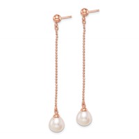 Sterling Silver Rose-tone 18K Flash Gold-plated 7-8mm White Rice Freshwater Cultured Pearl Post Dangle Earrings view 2