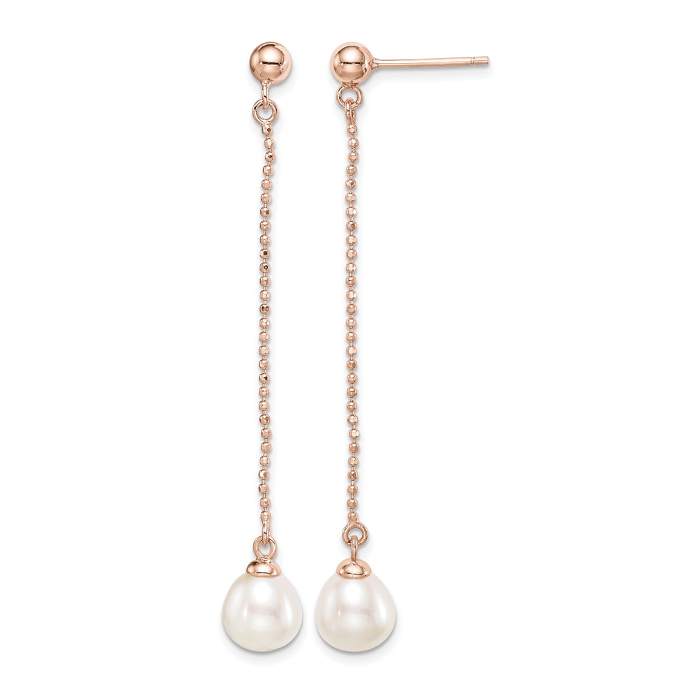 Sterling Silver Rose-tone 18K Flash Gold-plated 7-8mm White Rice Freshwater Cultured Pearl Post Dangle Earrings