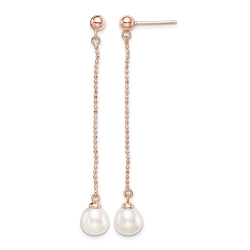 Sterling Silver Rose-tone 18K Flash Gold-plated 7-8mm White Rice Freshwater Cultured Pearl Post Dangle Earrings