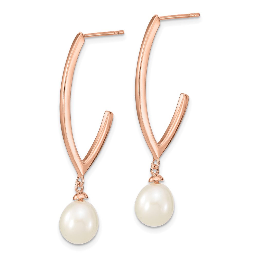 Sterling Silver Rose-tone 18k Flash Gold-plated 8-9mm White Rice Freshwater Cultured Pearl Post Dangle Earrings (QE14650)