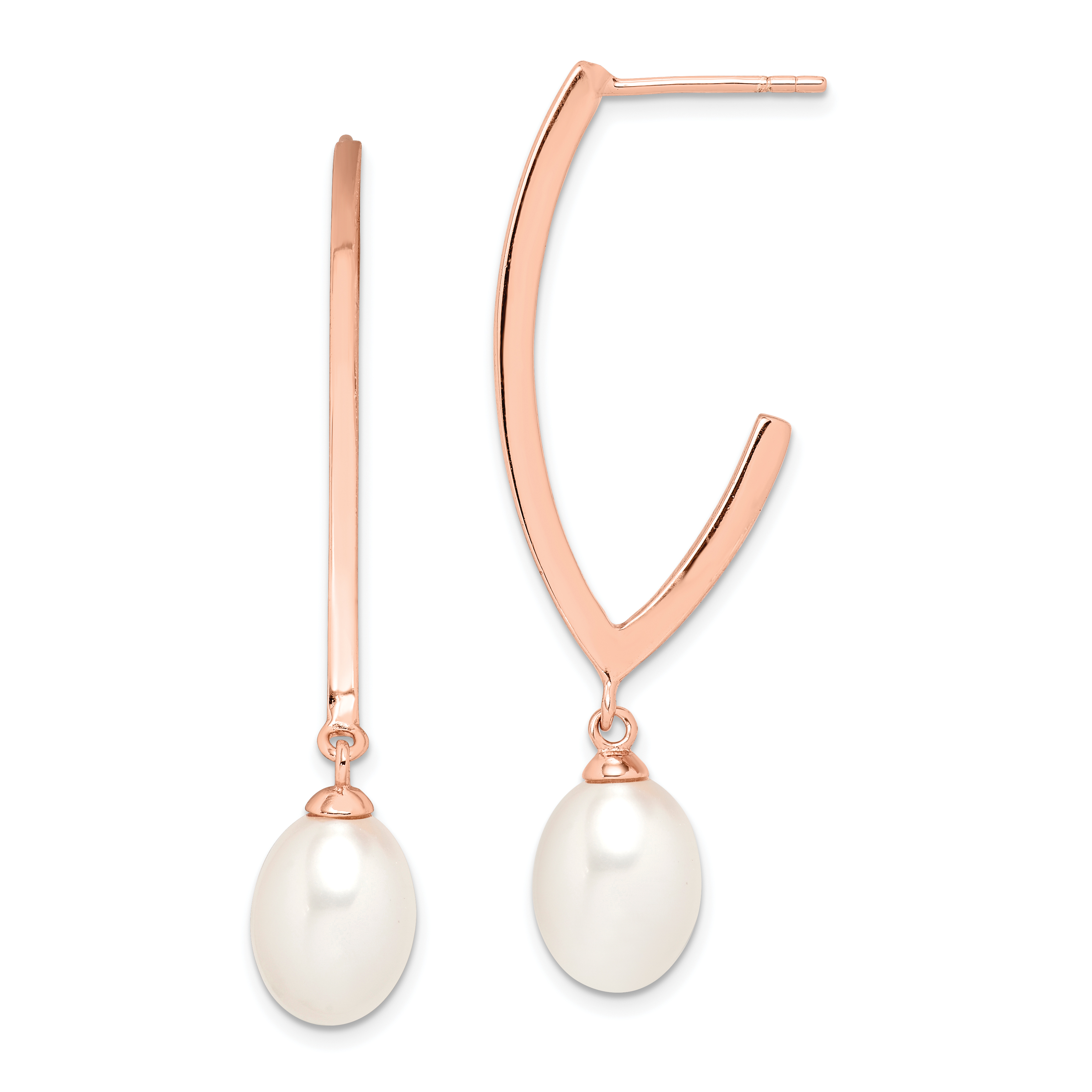Sterling Silver Rose-tone 18k Flash Gold-plated 8-9mm White Rice Freshwater Cultured Pearl Post Dangle Earrings (QE14650)