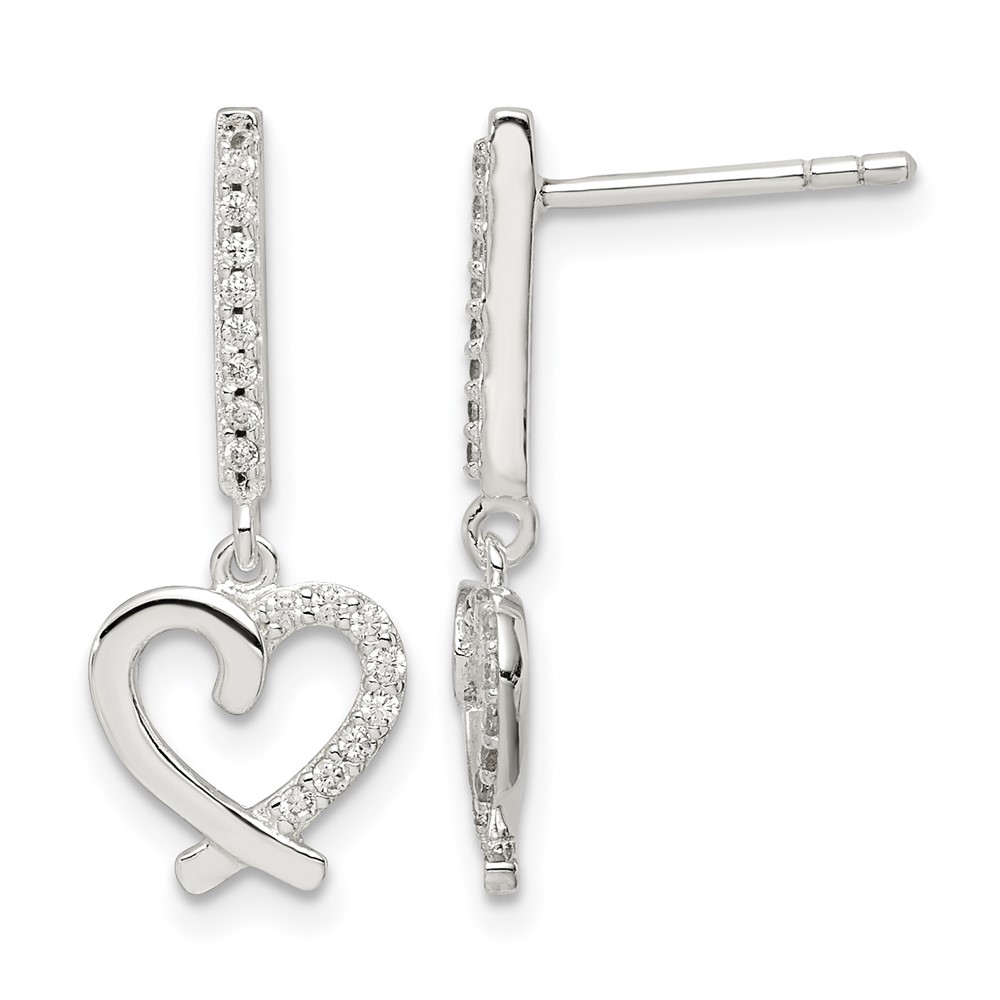 Sterling Silver CZ Dangle Heart Post Earrings