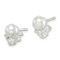 Sterling Silver CZ and Glass Pearl Post Earrings view 2