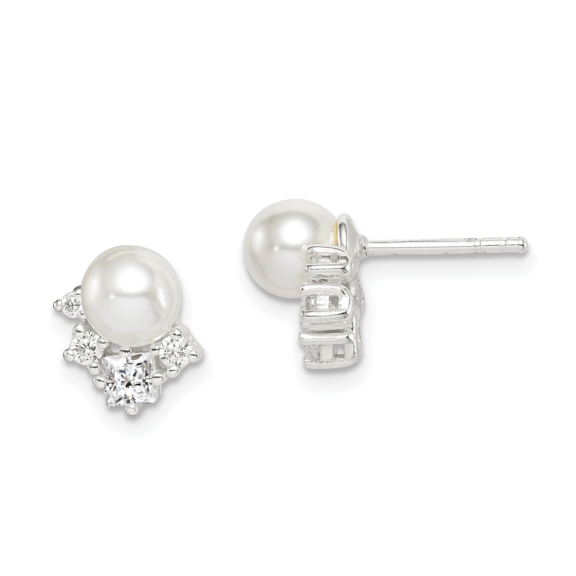 Sterling Silver CZ and Glass Pearl Post Earrings (QE14715)