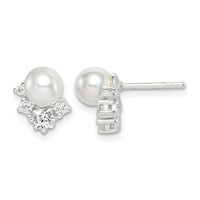Sterling Silver CZ and Glass Pearl Post Earrings view 1