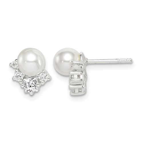 Sterling Silver CZ and Glass Pearl Post Earrings