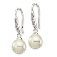 Sterling Silver Rhodium-plated Polished White 7-8mm Shell Pearl & CZ Dangle Earrings view 2