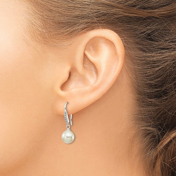 Sterling Silver Rhodium-plated Polished White 7-8mm Shell Pearl & CZ Dangle Earrings