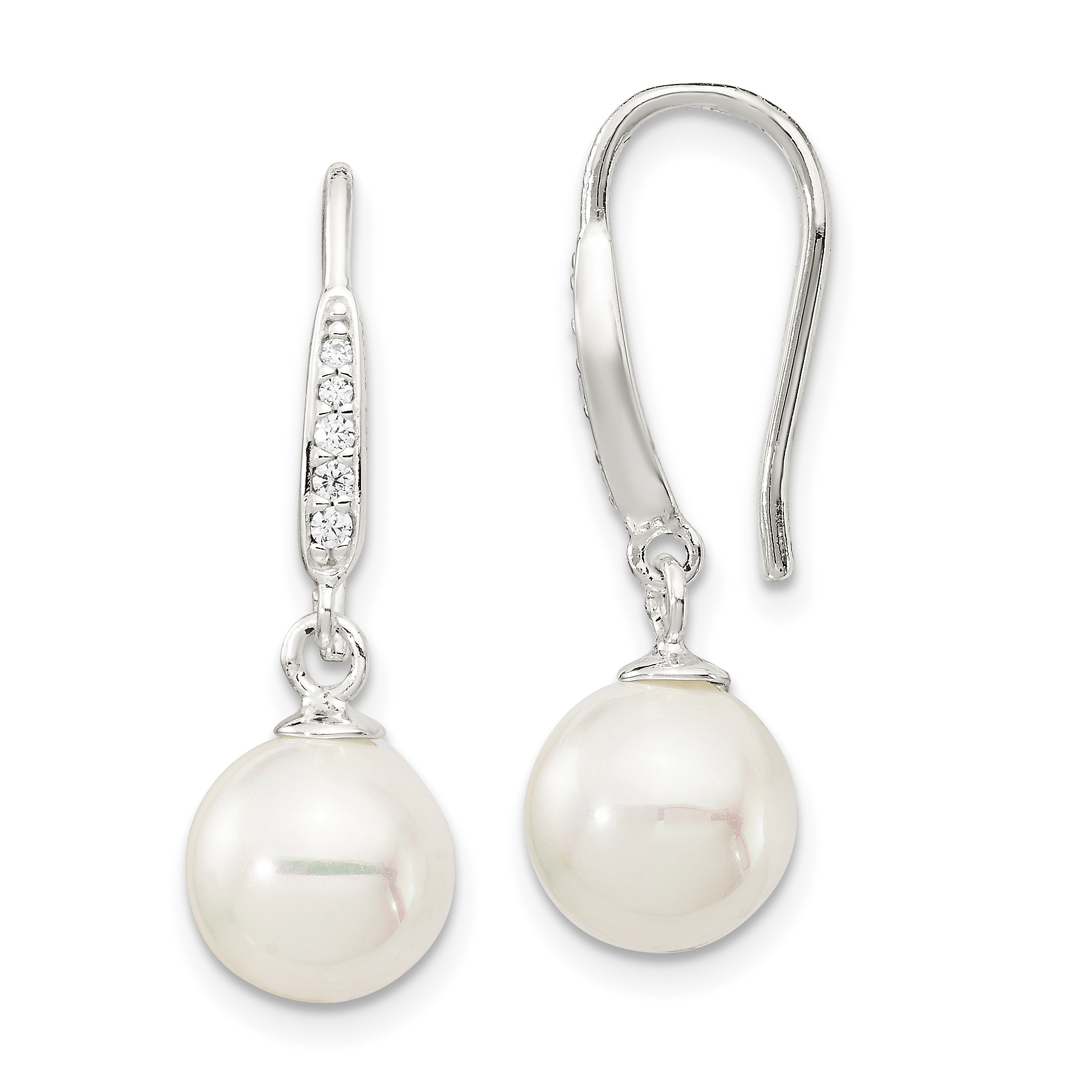 Sterling Silver Rhodium-plated Polished White 7-8mm Shell Pearl & CZ Dangle Earrings (QE14776)