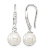 Sterling Silver Rhodium-plated Polished White 7-8mm Shell Pearl & CZ Dangle Earrings view 1