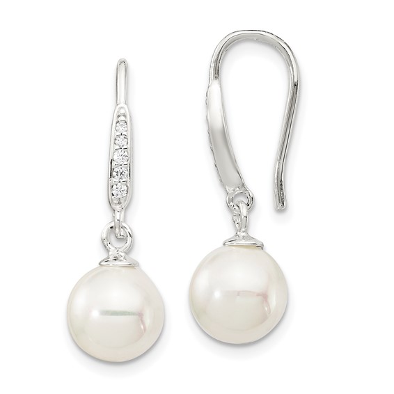Sterling Silver Rhodium-plated Polished White 7-8mm Shell Pearl & CZ Dangle Earrings