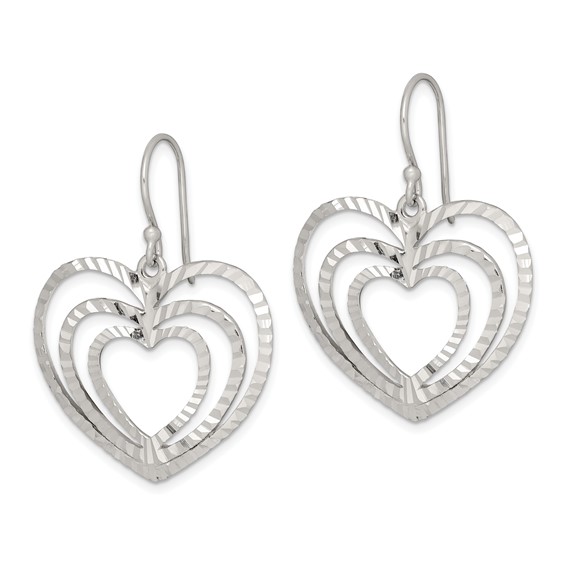 Sterling Silver Diamond-cut Heart Dangle Earrings