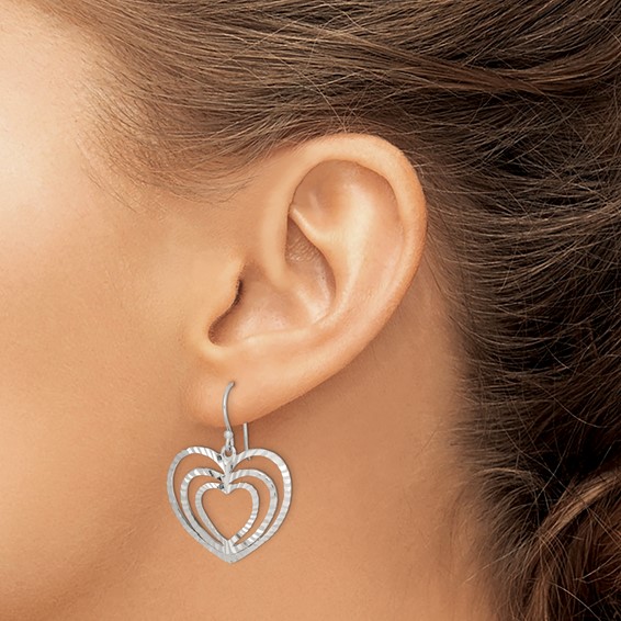 Sterling Silver Diamond-cut Heart Dangle Earrings