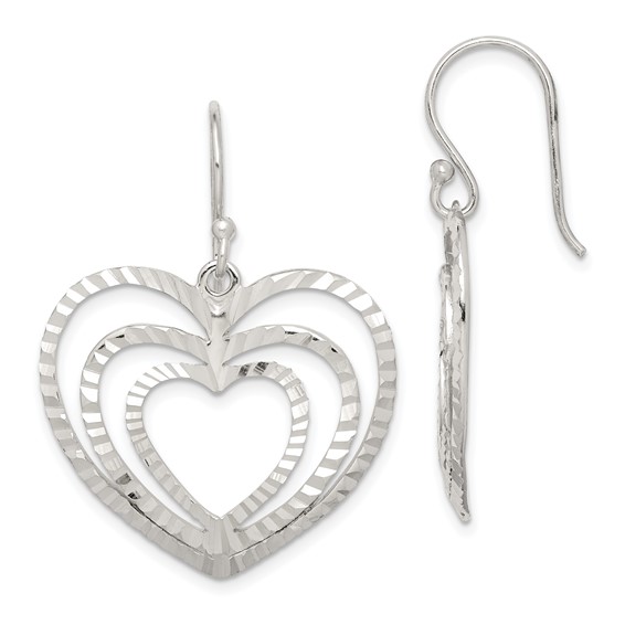 Sterling Silver Diamond-cut Heart Dangle Earrings