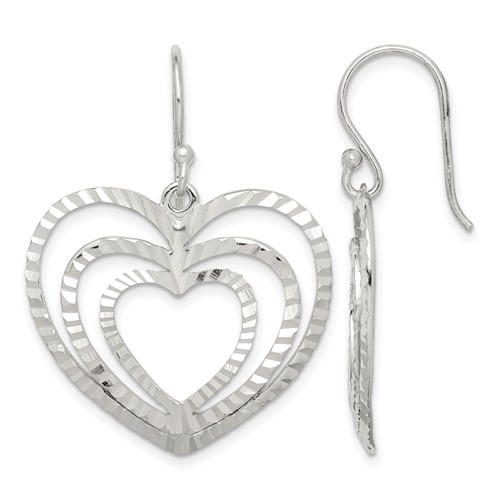 Sterling Silver Diamond-cut Heart Dangle Earrings