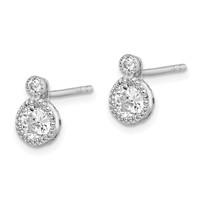 Sterling Silver RH-plated Polished & Beaded Double CZ Circle Post Earrings view 2