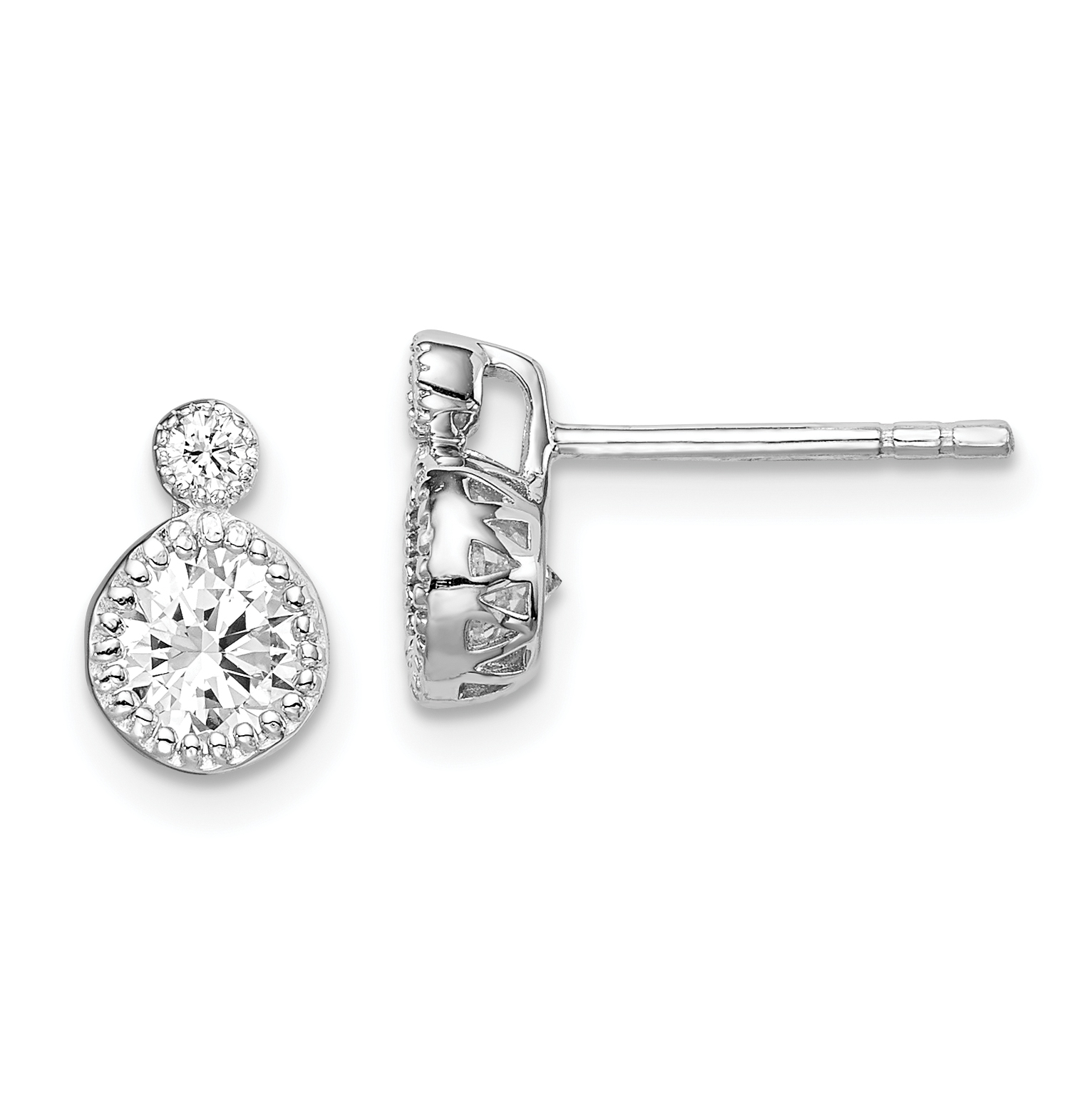 Sterling Silver RH-plated Polished & Beaded Double CZ Circle Post Earrings (QE14818)