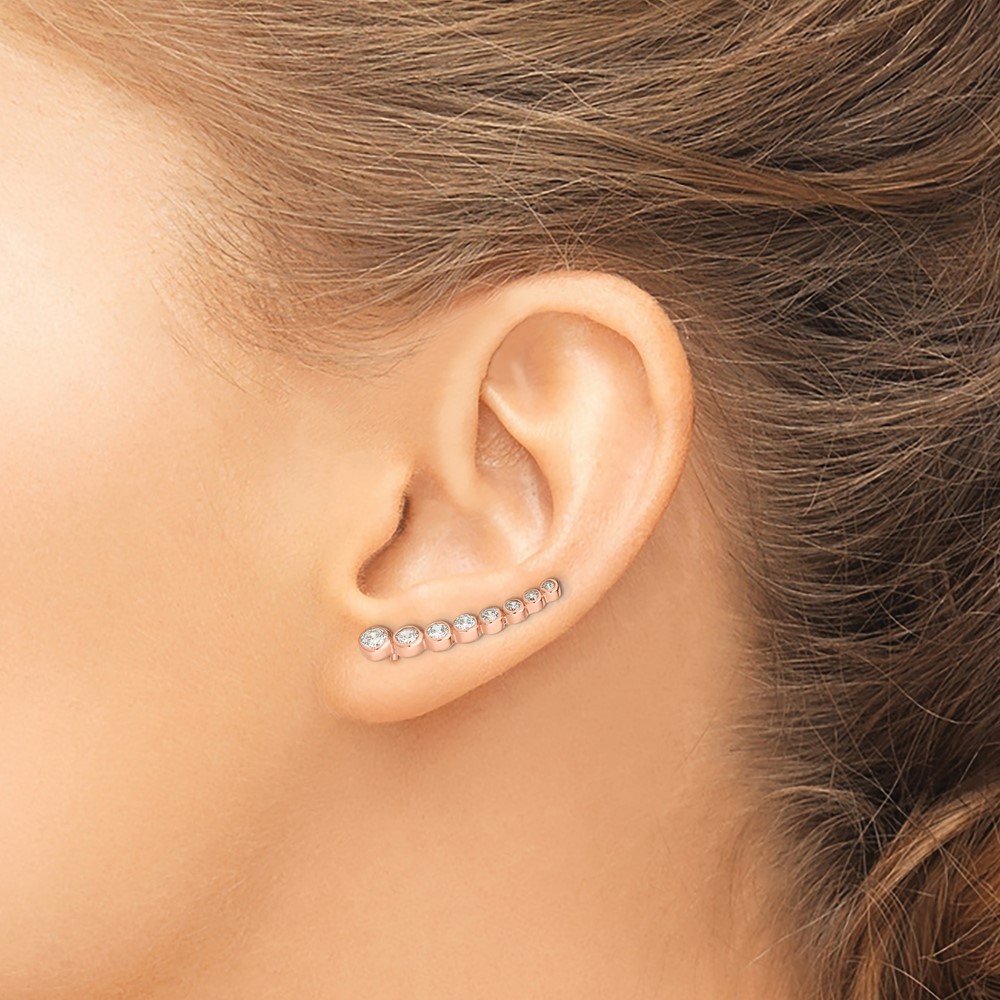 Sterling Silver Rose-tone Polished Graduated CZ Ear Climber Earrings (QE14830)