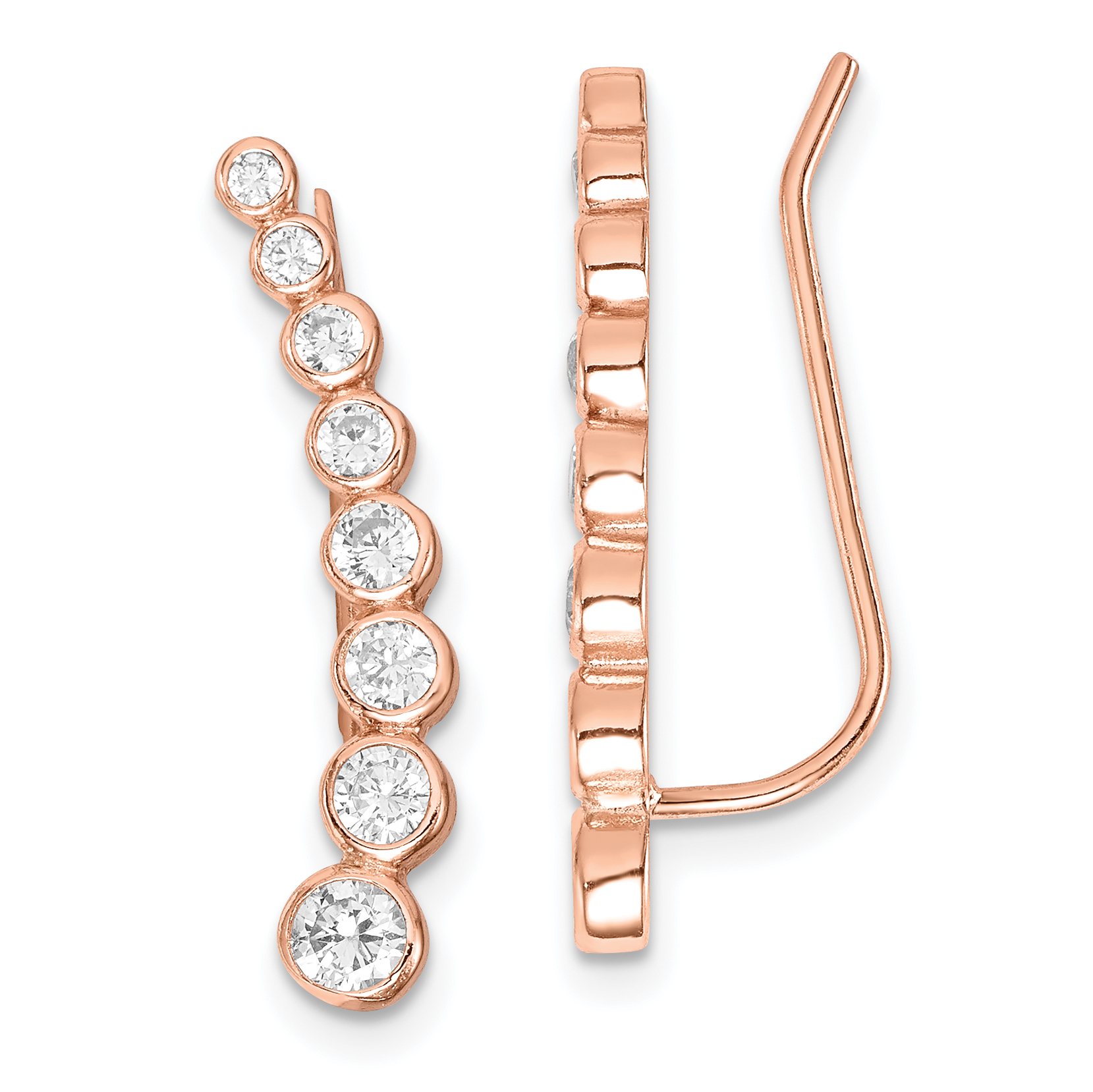 Sterling Silver Rose-tone Polished Graduated CZ Ear Climber Earrings (QE14830)