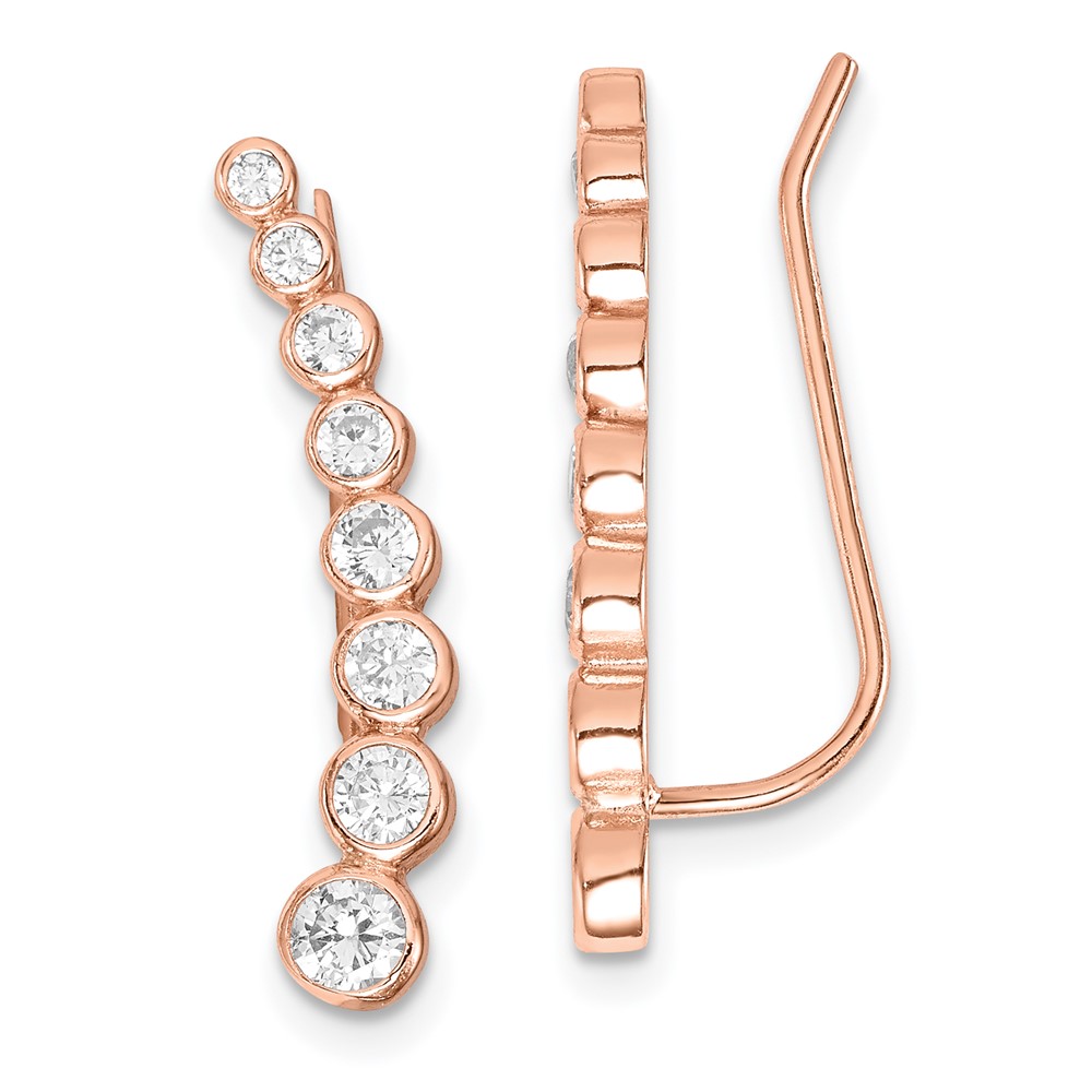 Sterling Silver Rose-tone Polished Graduated CZ Ear Climber Earrings (QE14830)